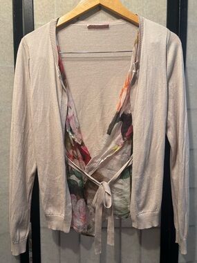 BASLER Vintage Silk Cashmere Cotton Cardigan, built-in silk floral insert, belt